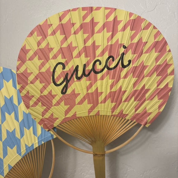Gucci Houndstooth Patterned Bamboo Paper Fans Blue Yellow Peach Pink Summer Hues